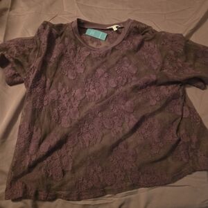 Maurices Purple Floral Lace Short Sleeve Top Sheer